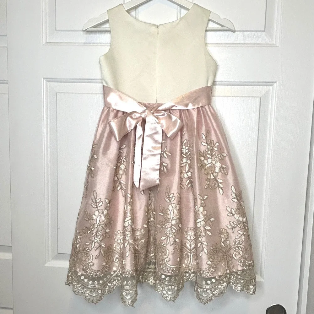 Jayne Copeland Girls Cream Pink Gold Floral Embroidered Party Dress Size 7‎